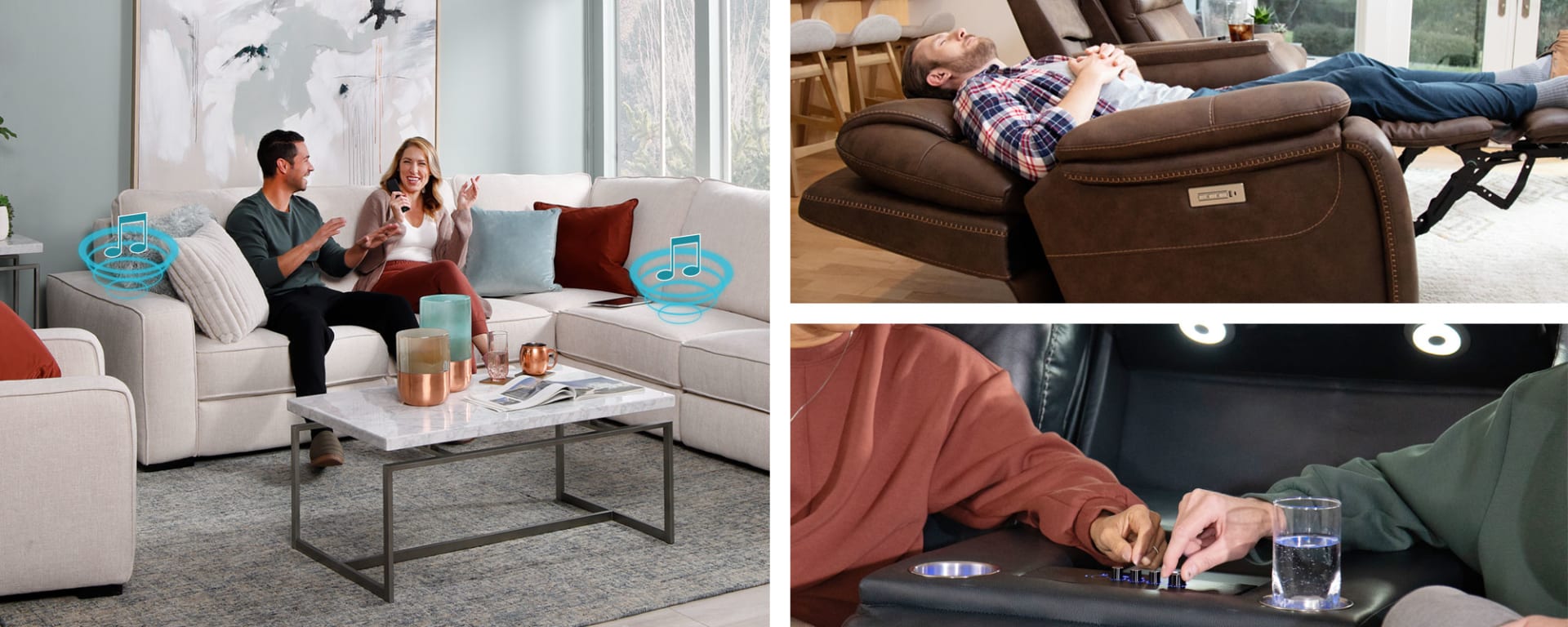 Collage of Immersive Seating photos. Couple dancing while sitting on immersive sound photo, man in zero gravity, couple turning dials in center console