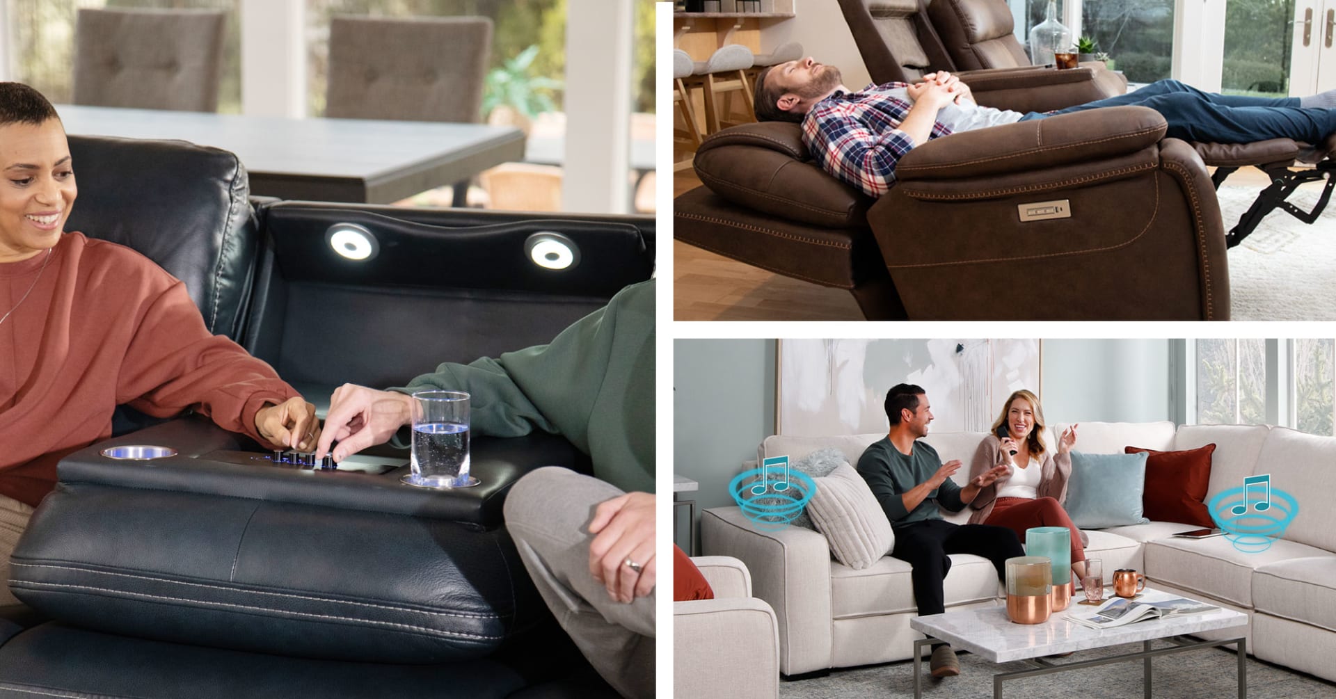 Immersive Seating Features Collage. Couple adjusting settings with built in reading light and cupholder, man relaxing in zero gravity, couple listening to music through sofa.