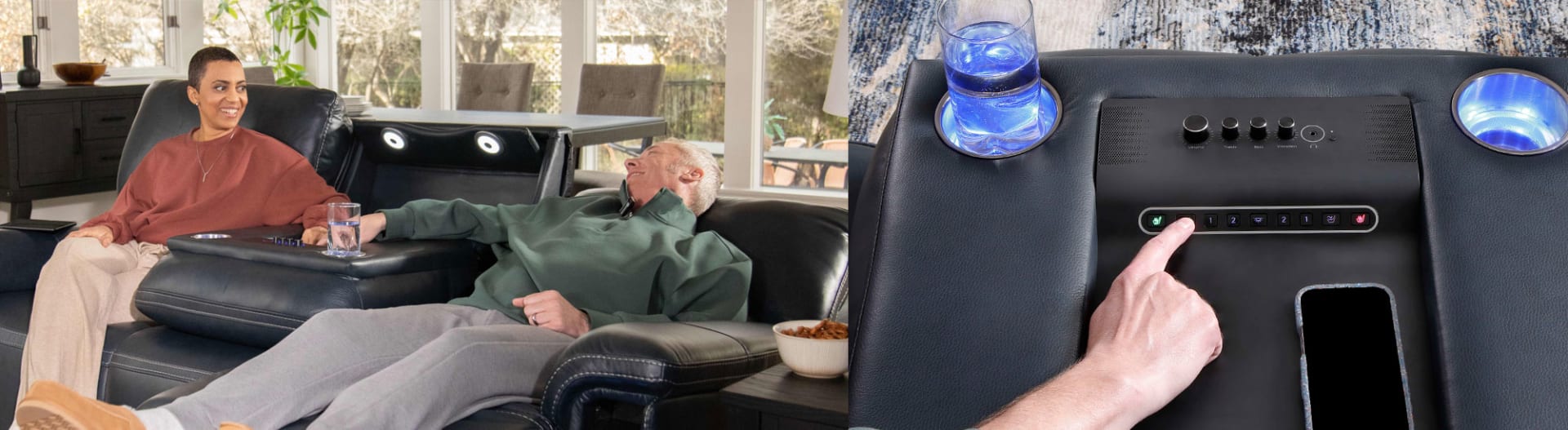 Couple reclining in Harmonic Home Theater Power Sofa with Immersive Sound.