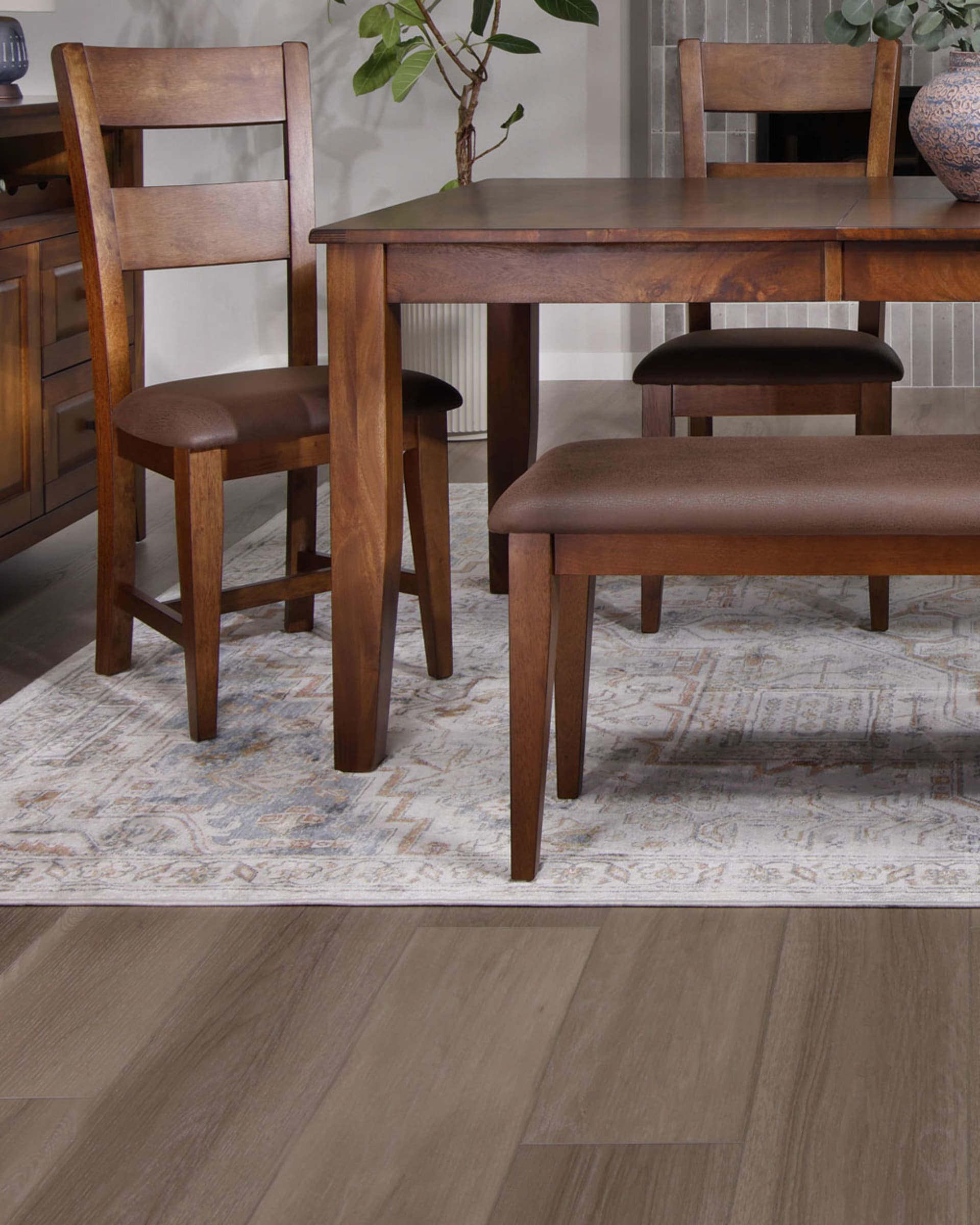 Brown Wooden Dining Set in Dining Room With Fireplace