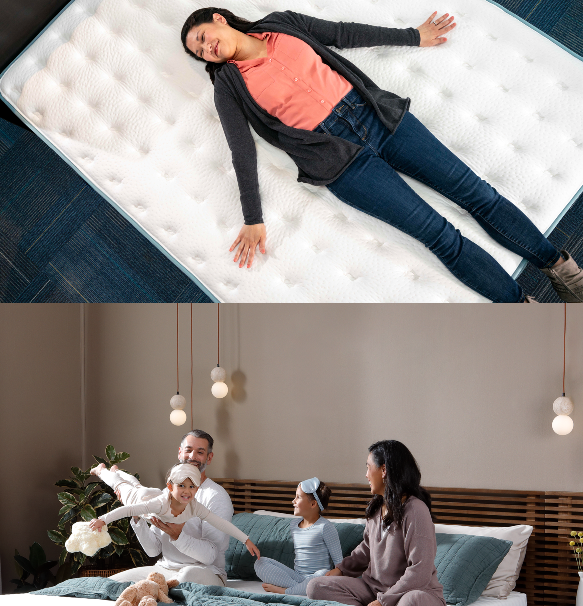 Family enjoying time on Denver Mattress after waking up in the morning. Woman laying on mattress she loves at store.
