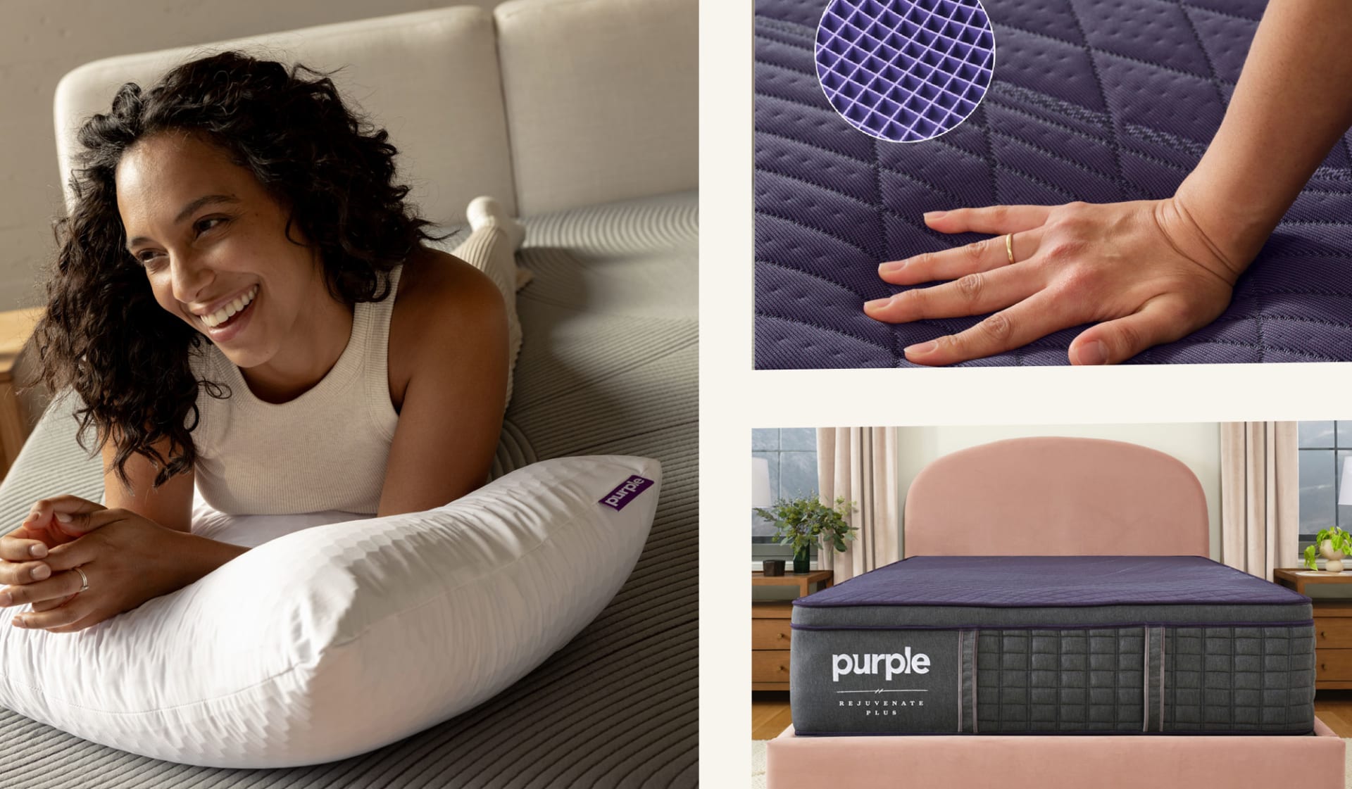 Woman Laying on bed with Purple Harmony Pillow. Collage of Purple Rejuvenate Mattress photos.