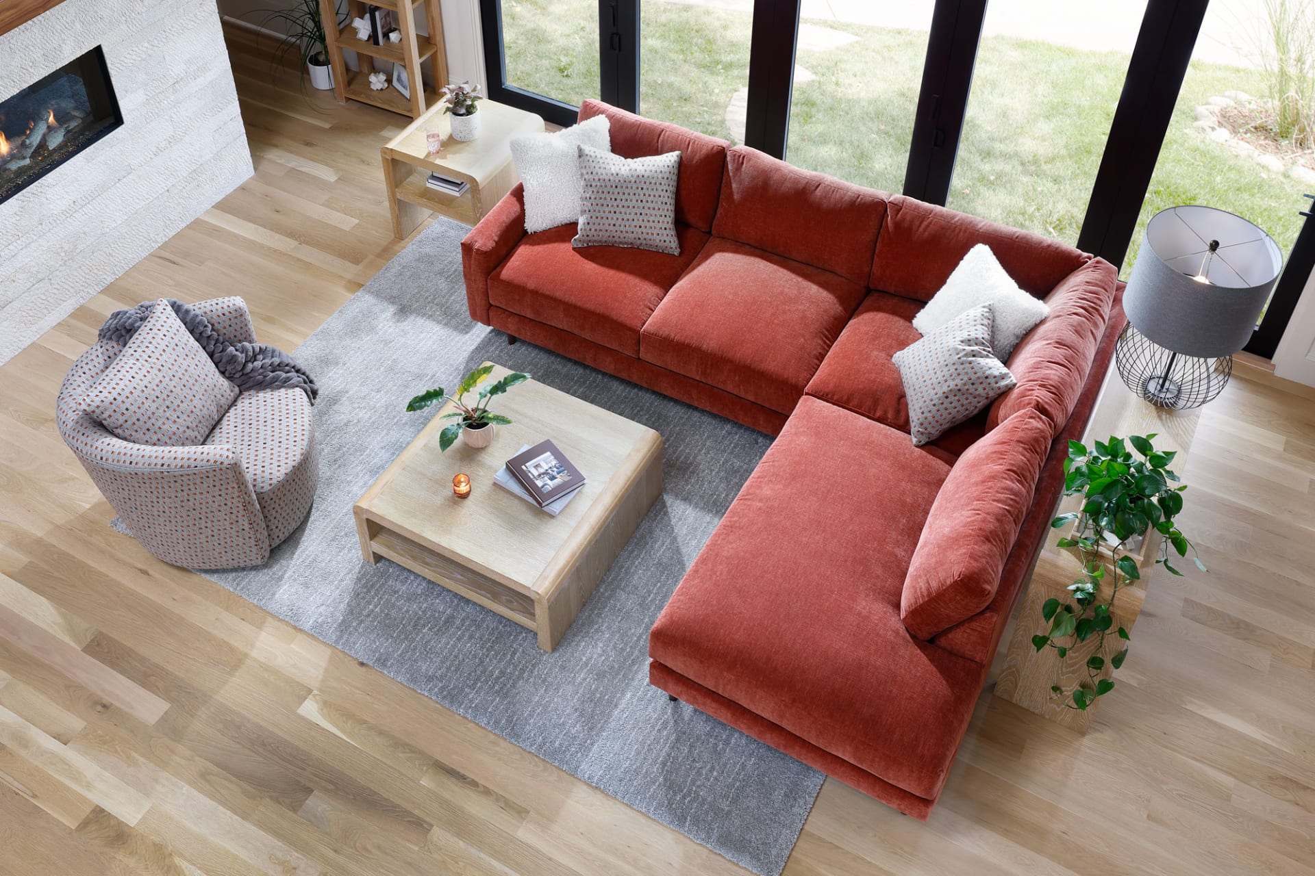 Paprika colored sectional in living room