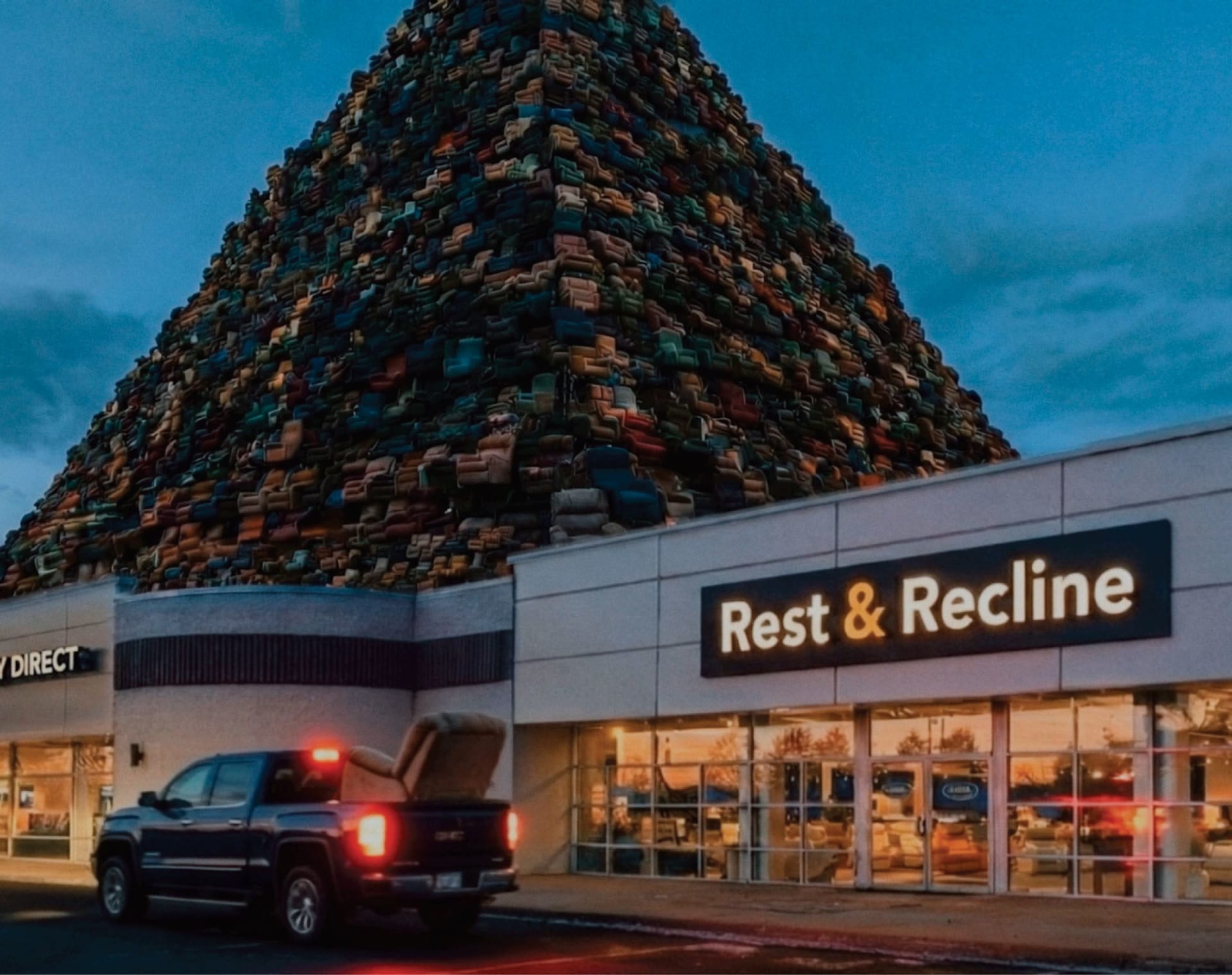 Rest & Recline store with hundreds of recliners on top of building