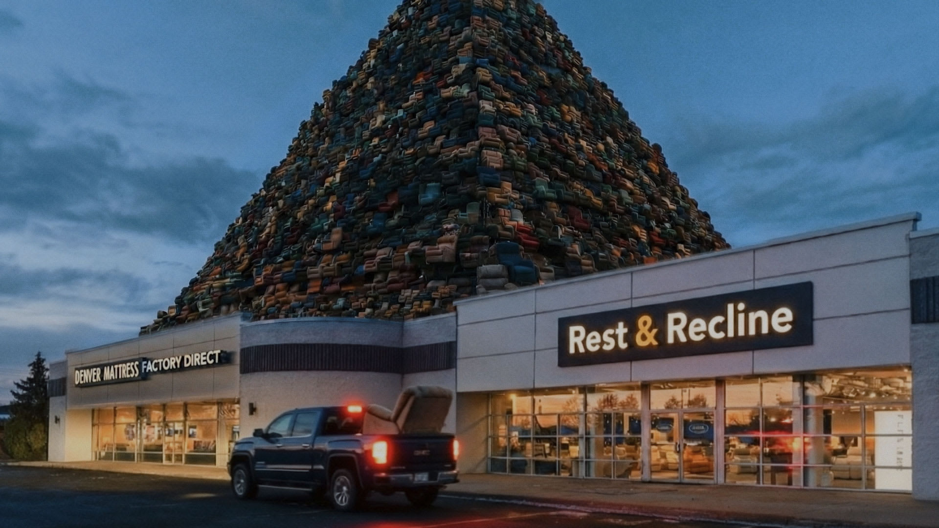 Pickup truck with recliner in bed outside rest and recline store with a lot of chairs