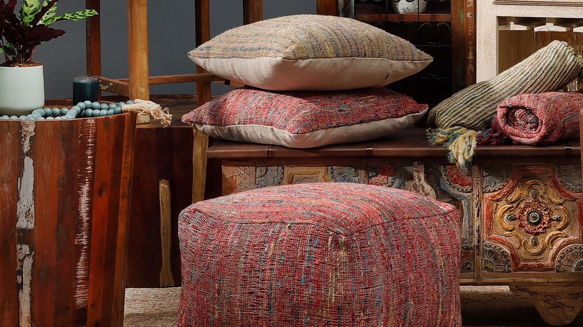 Collage of Sari Pillows, Throws, and Sari Pouf
