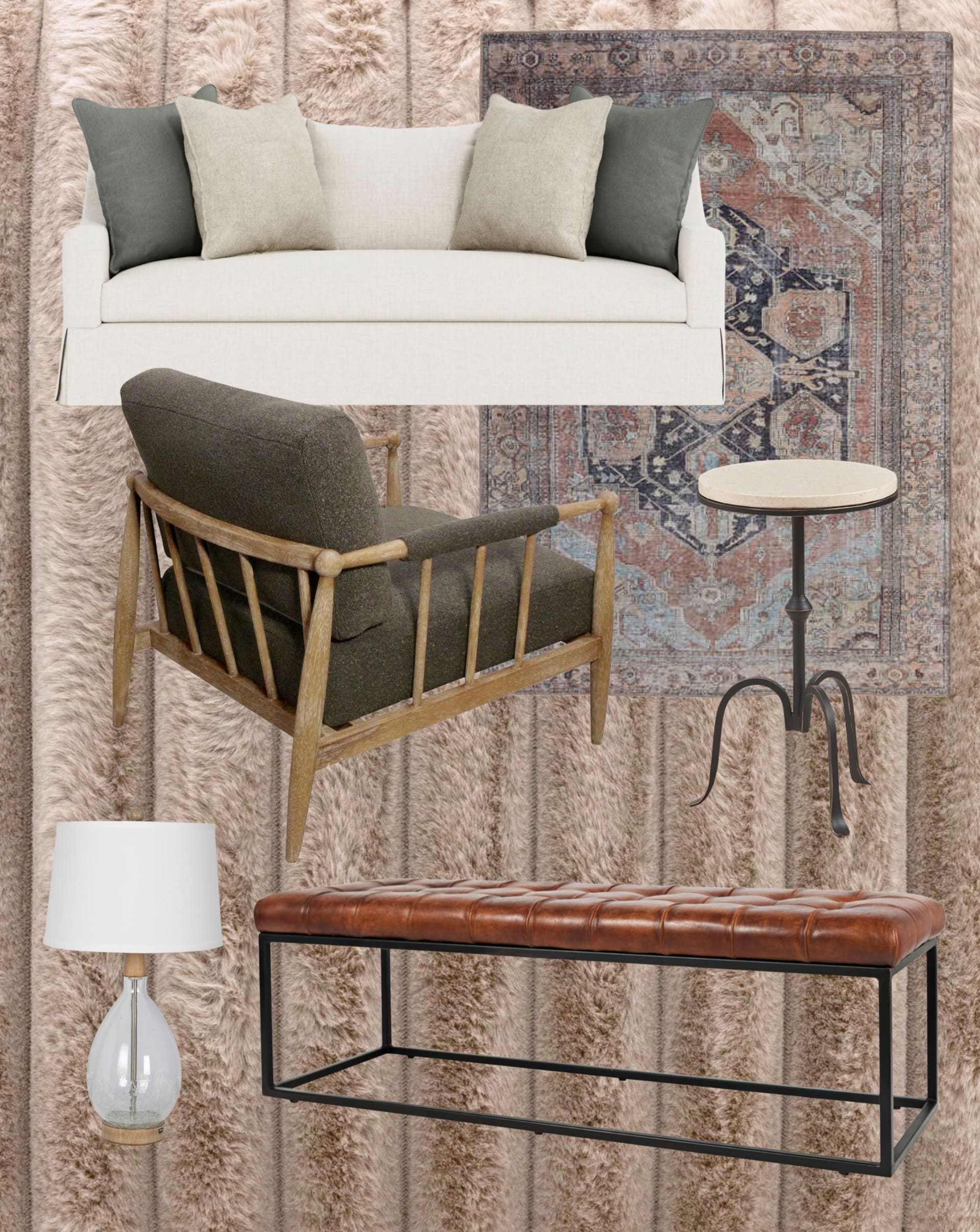 Living room furniture collage with skirted sofa and leather bench
