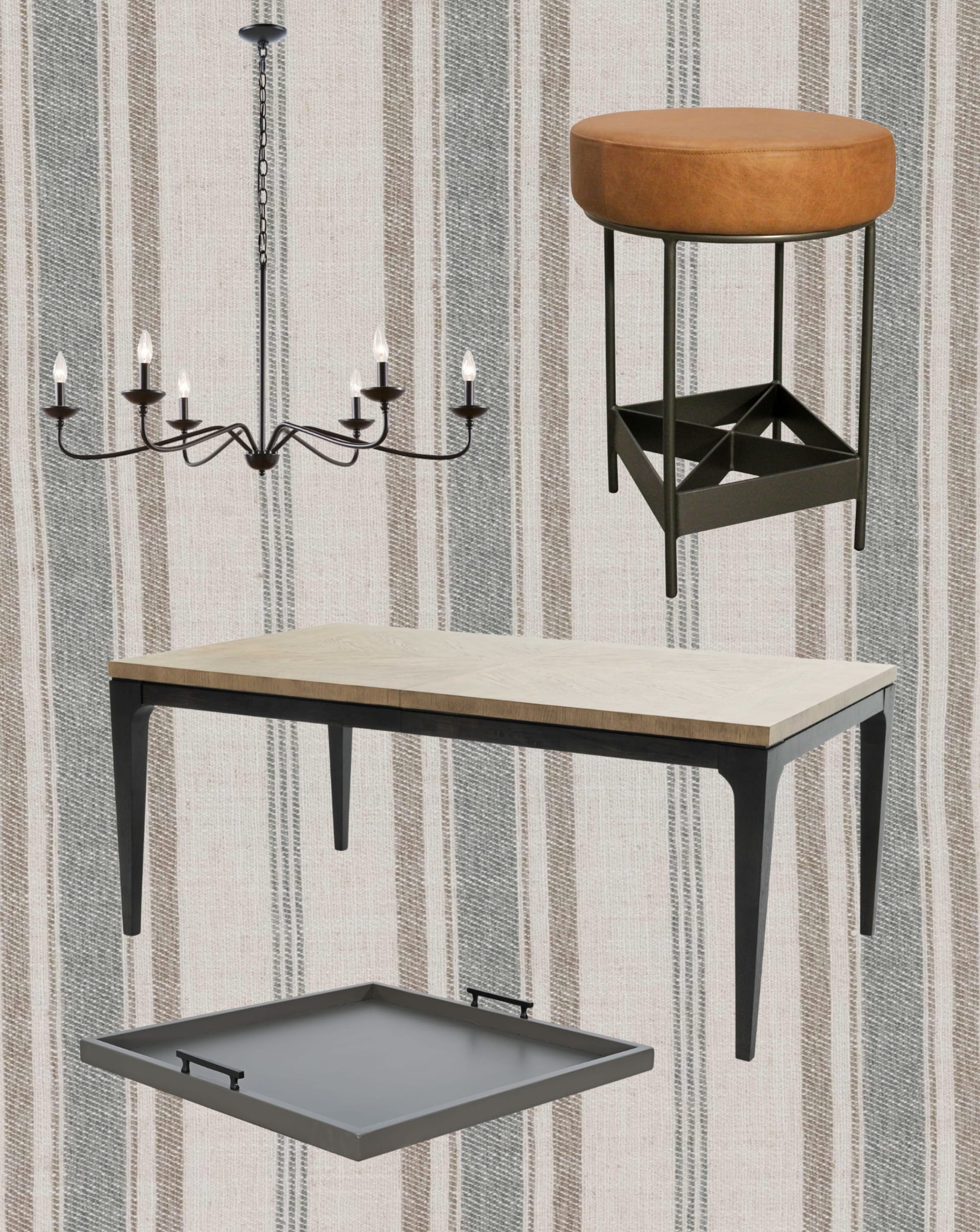 Collage of dining furniture featuring a wood extendable dining table and leather bar stools