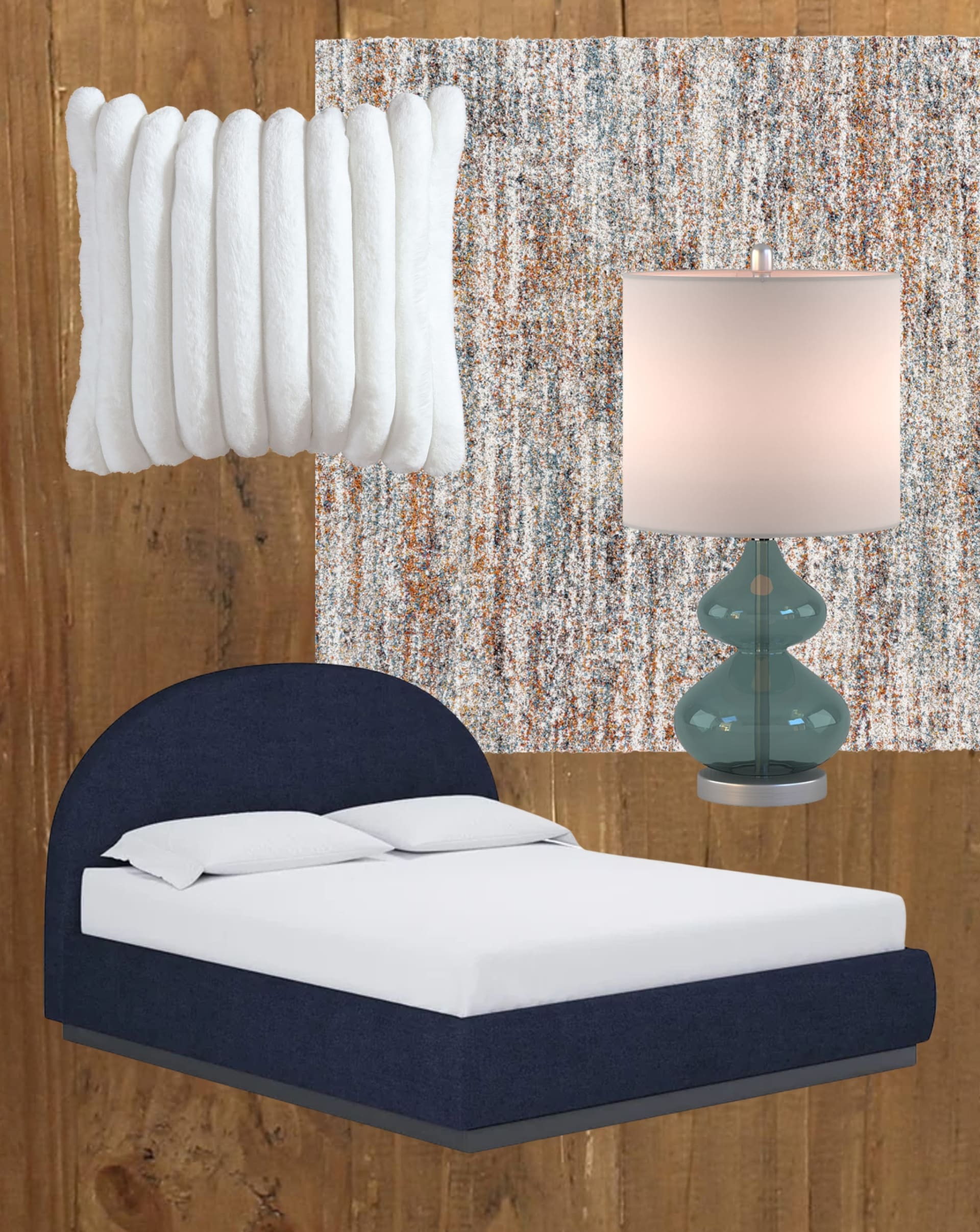 A collage of bedroom furniture featuring a rounded upholstered bed and curved lamp