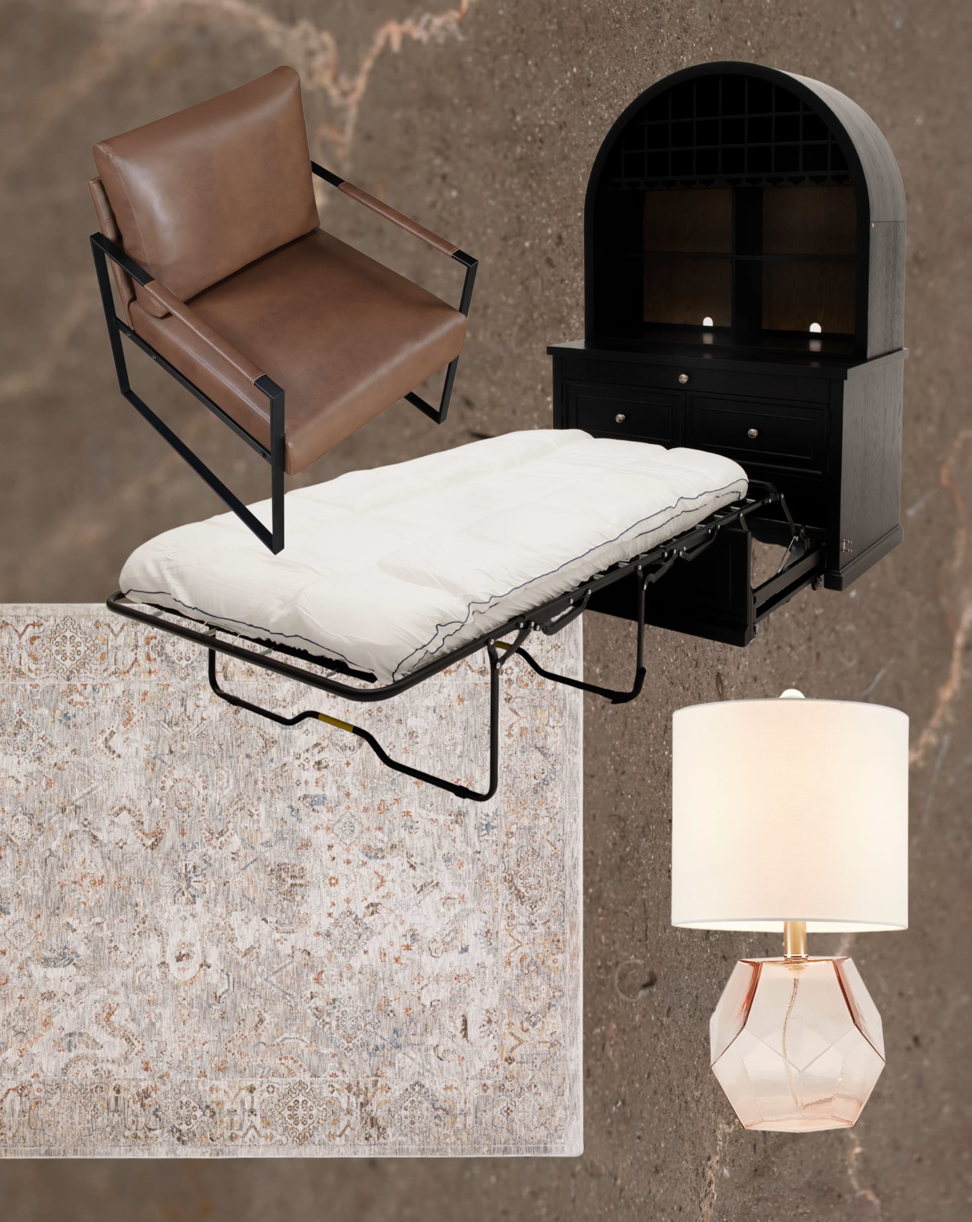 Home office furniture collage featuring  a desk with a pull out bed