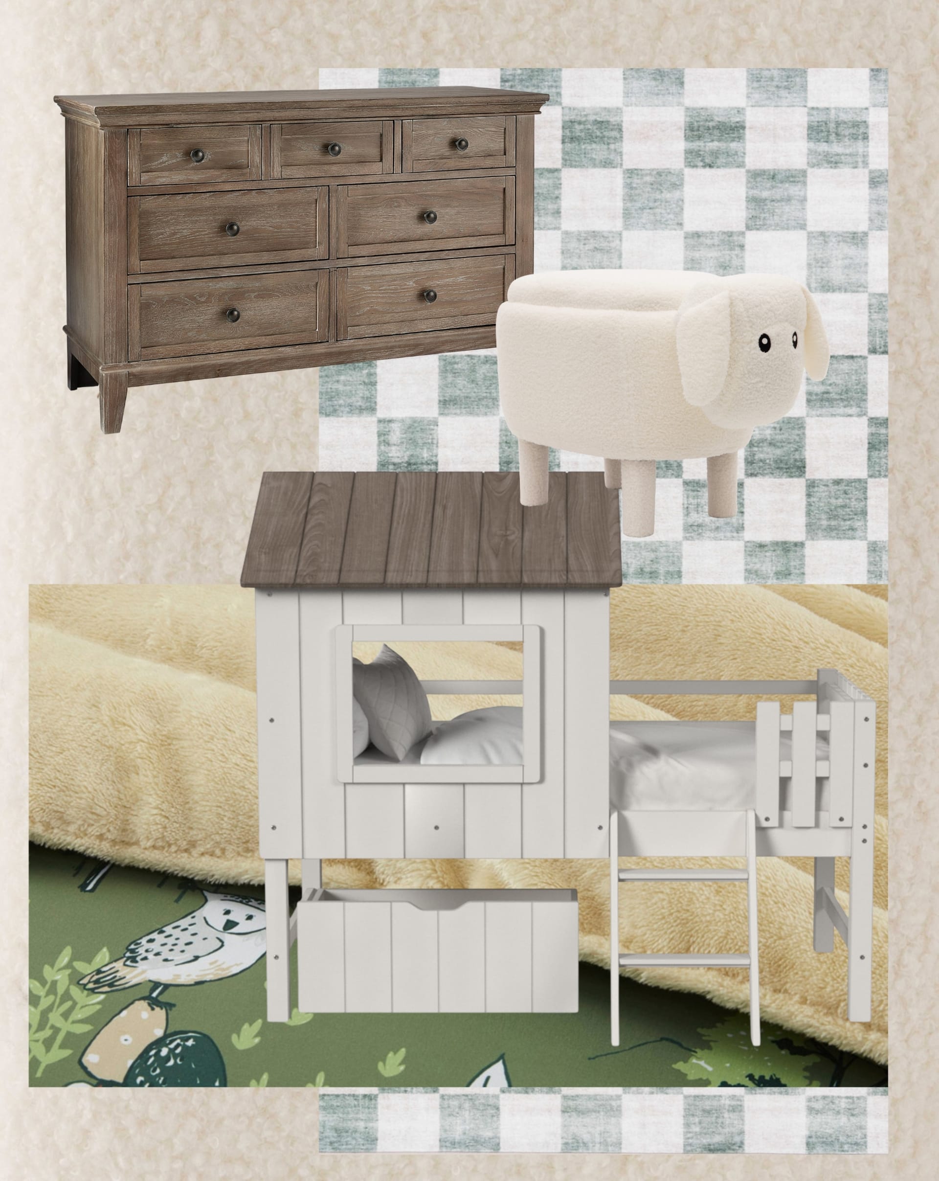 A collage of kids bedroom furniture featuring a lofted cottage bed and storage ottoman