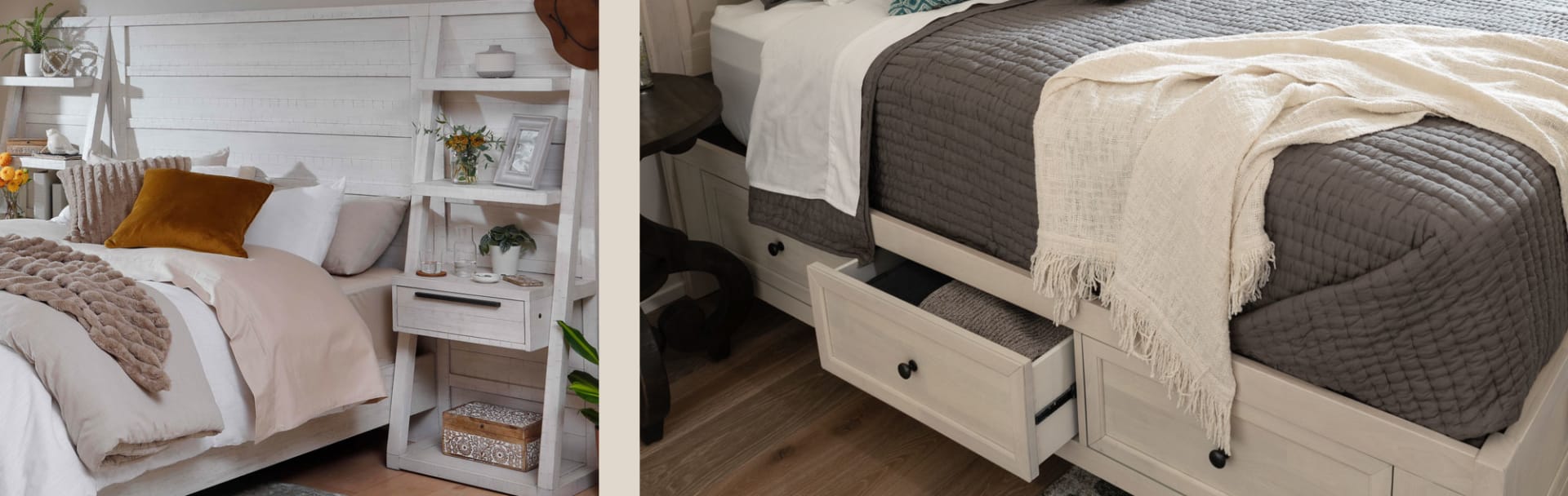 White Bed with Storage Drawers. Brown Bed with Storage nightstand bookshelf.