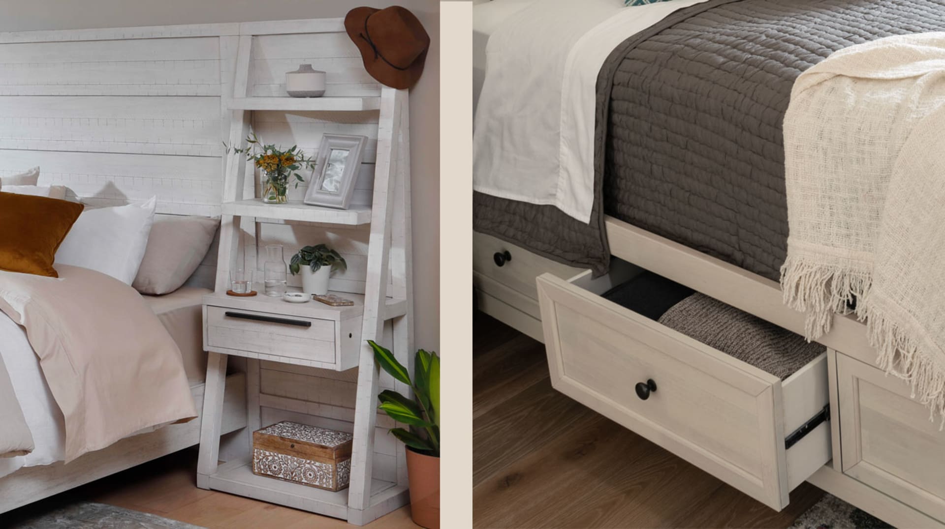 White Bed with Storage Drawers. Brown Bed with Storage nightstand bookshelf.