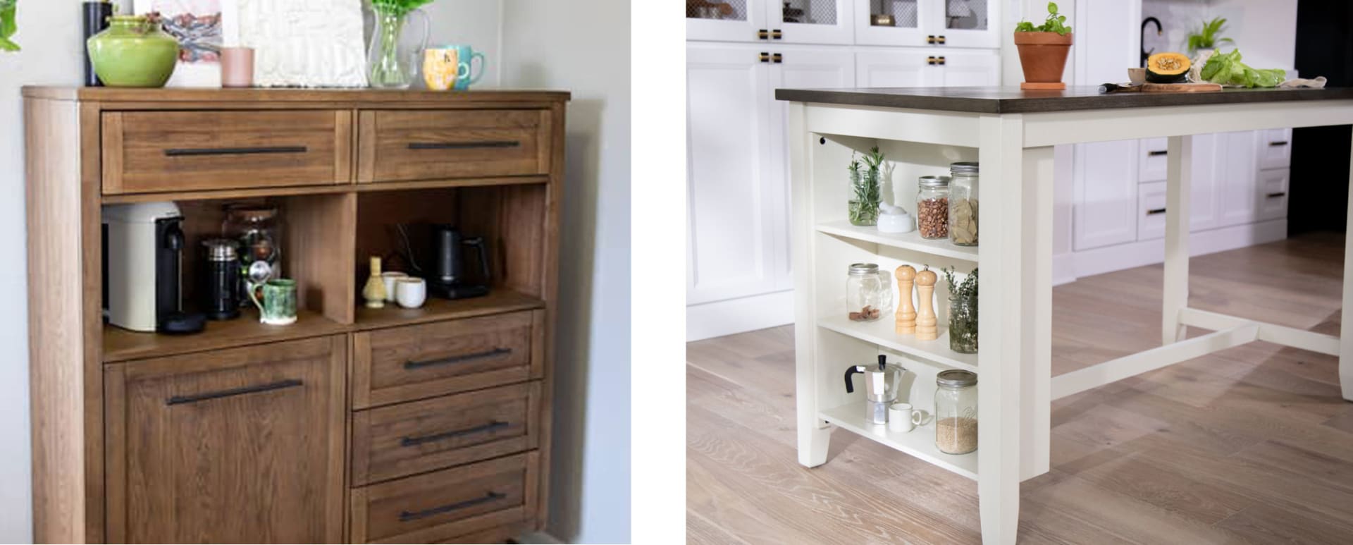 Storage dining table and storage cabinet set up as coffee cart
