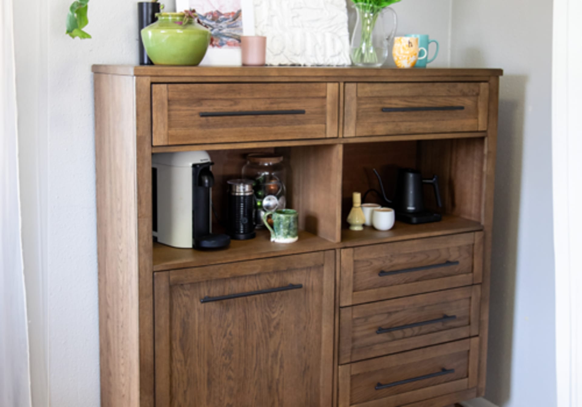 Mid-toned wood dining server set up as coffee cart.