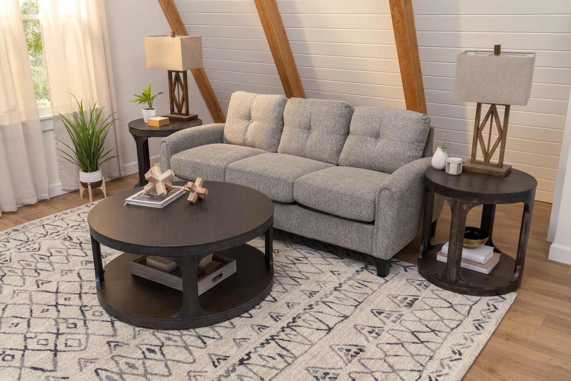 grey colored Trinity sofa in a Boho styled room