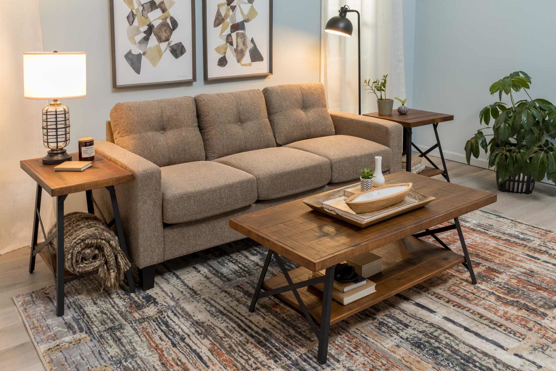 tan colored Trinity sofa in a rustic styled room