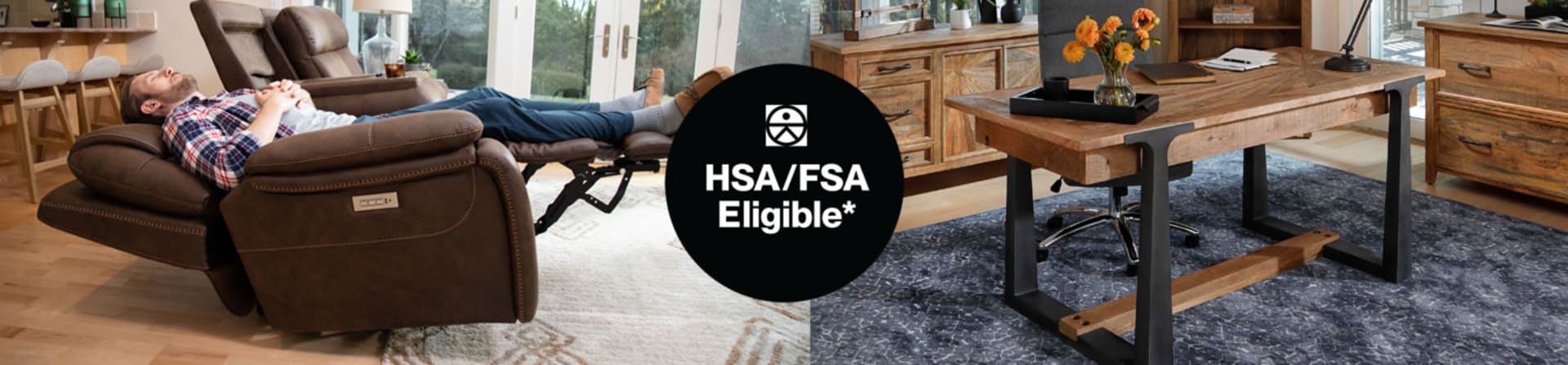Man Reclining In Zero Gravity Immersive Chair. Beautiful Wooden Writing Desk. TruMed Logo. HSA/FSA Eligible