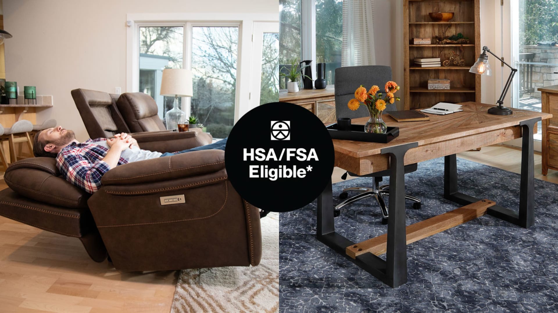 Man Reclining In Zero Gravity Immersive Chair. Beautiful Wooden Writing Desk. TruMed Logo. HSA/FSA Eligible