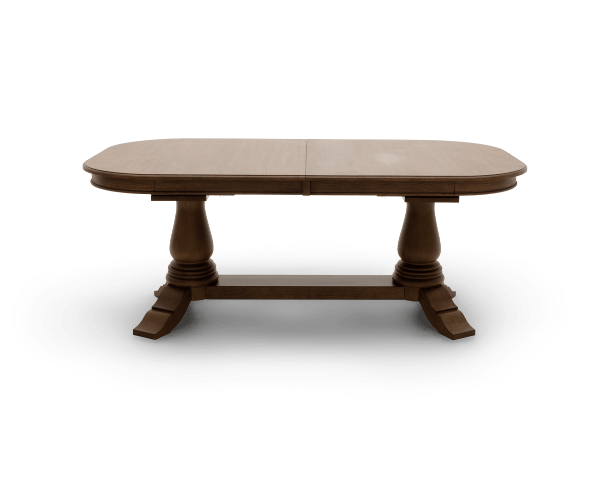The Heirloom Double Pedestal Dark Dining Table, unextended and positioned lengthwise