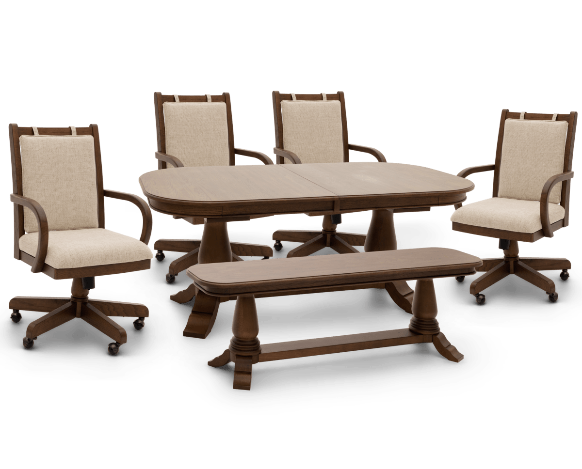 The Heirloom 6 Pc Double Pedestal Table Set with Castor Chairs and bench in a dark finish