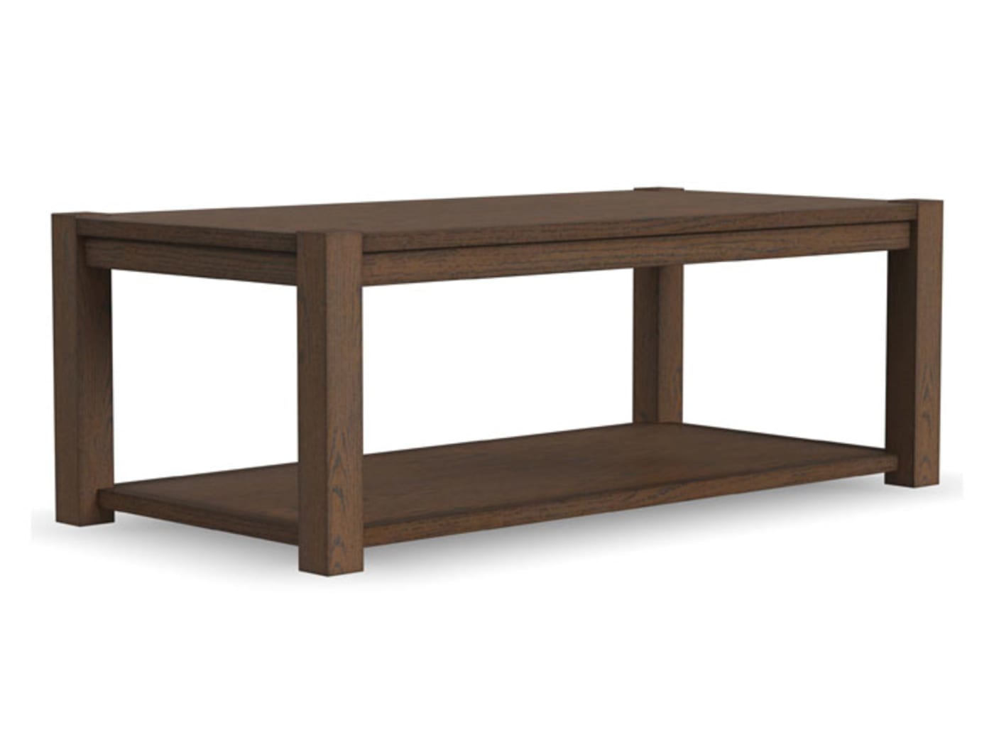 Brown Wooden coffee and end table. Leg posts protrude from each corner.