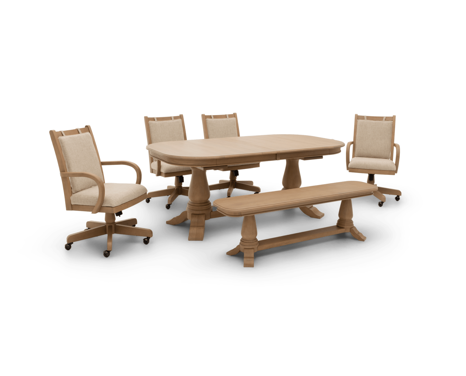 The Heirloom 6 Pc Double Pedestal Table Set with Castor Chairs and Bench in a light finish
