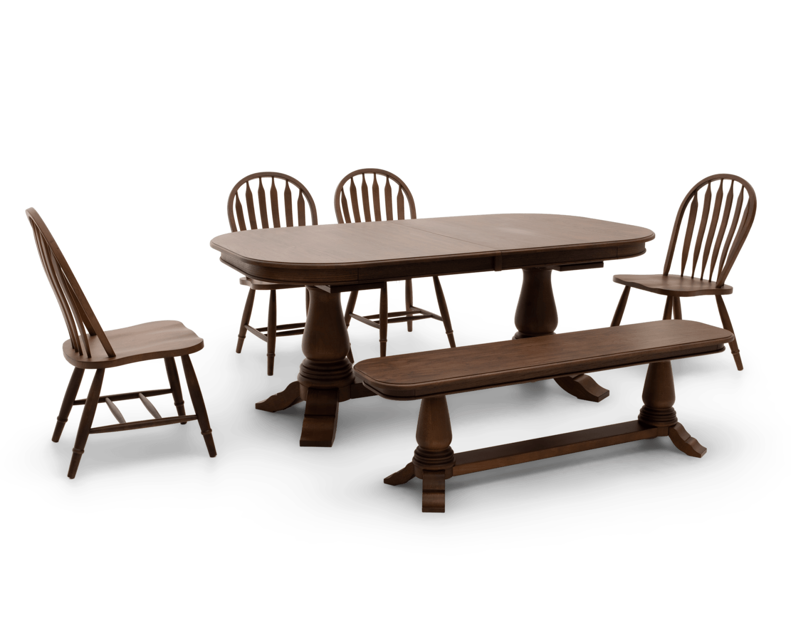The Heirloom 6 Pc Double Pedestal Table Set with Castor chairs and bench in a dark finish