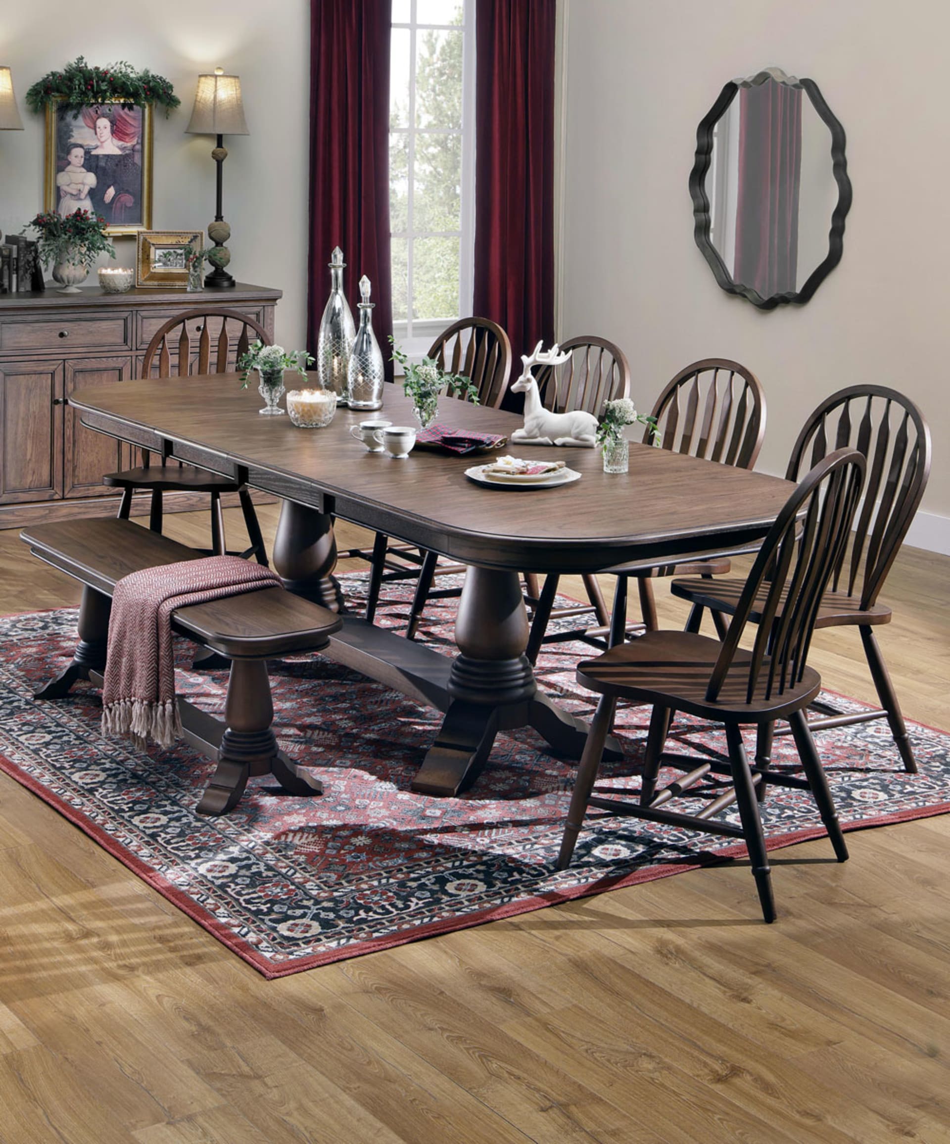 Windsor Dining Room Group with Windsor Side Chairs, Bench and Server