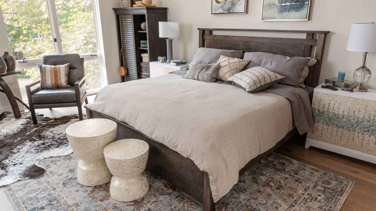 The Sydney Amish Panel bed with a wood headboard in a modern farmhouse bedroom
