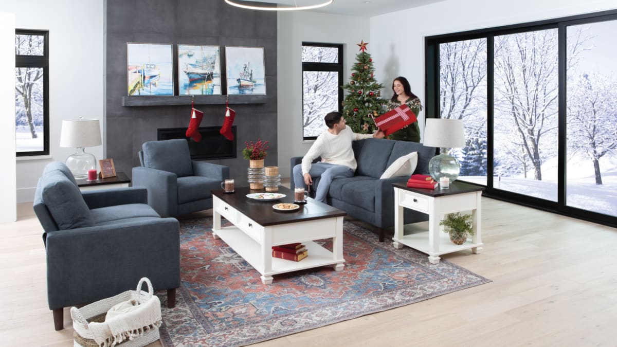 Devon Slate Colored Sofa in Nautical living room during Christmas with family