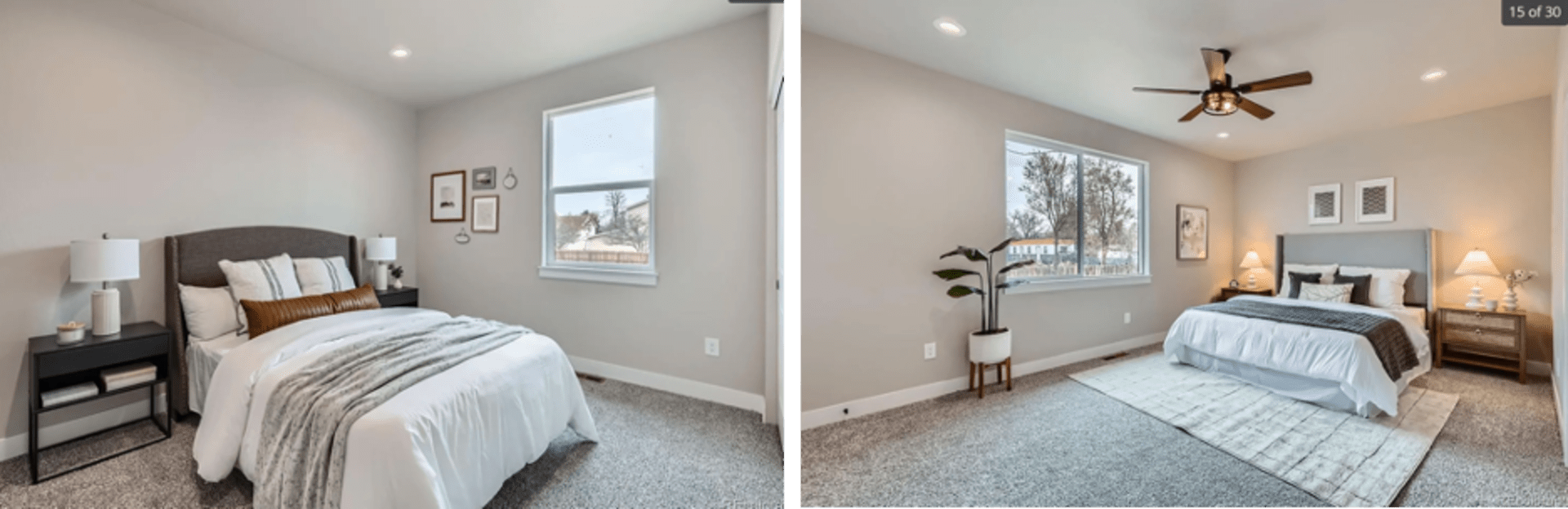 Two bedrooms with millennial gray furniture