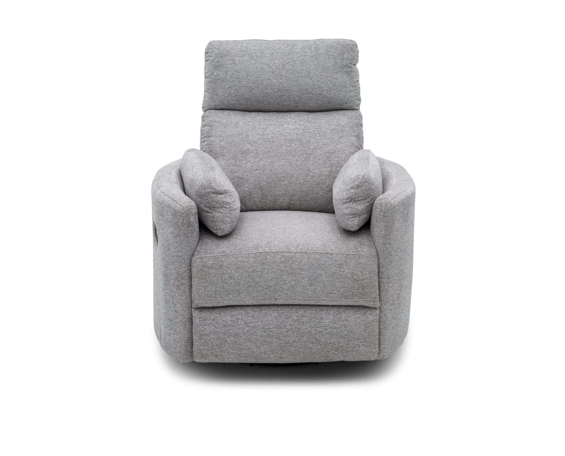 The Cooper Swivel Recliner in Grey fabric on white background