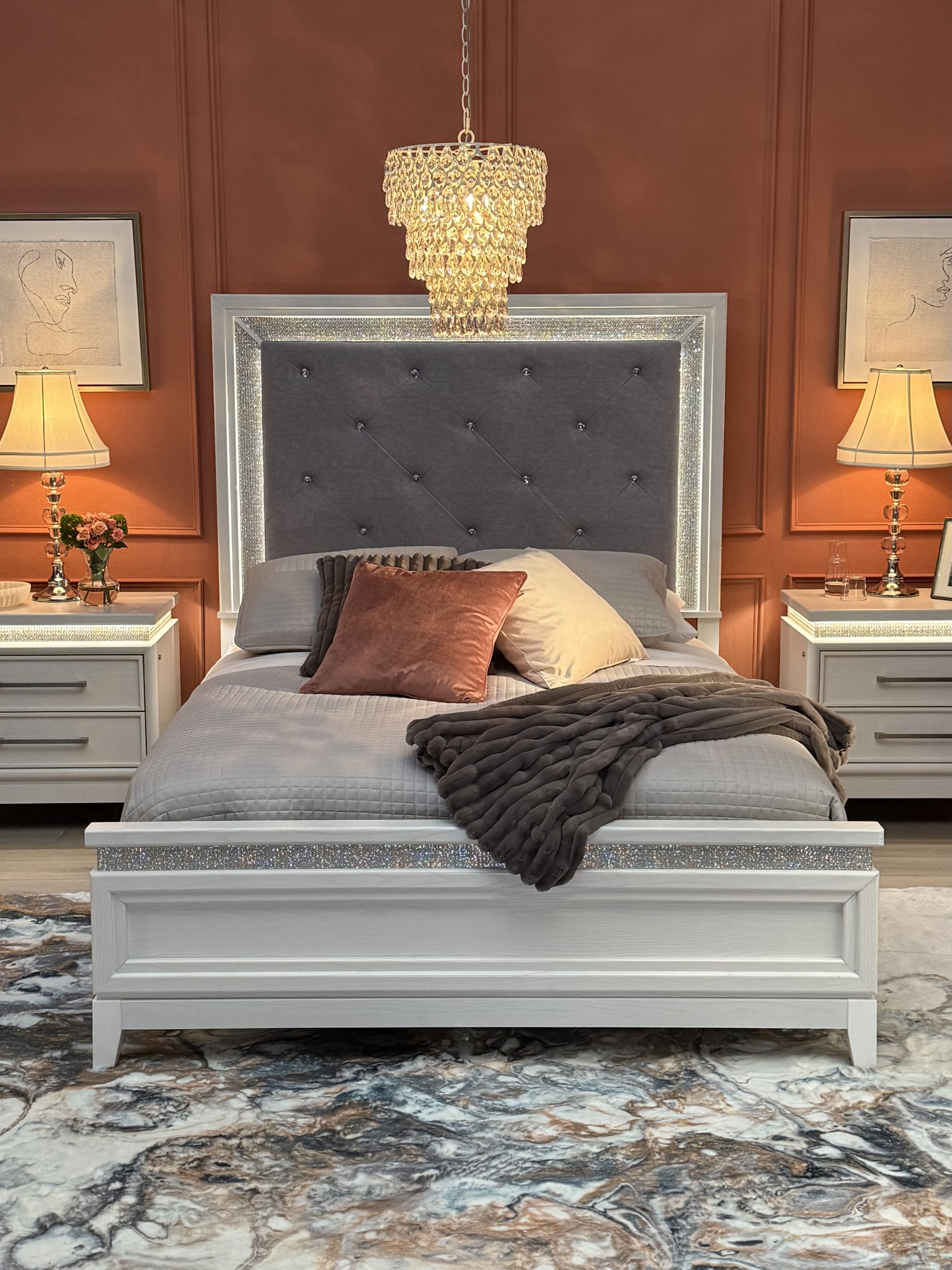 Glamour Upholstered Bed in bedroom with pillows