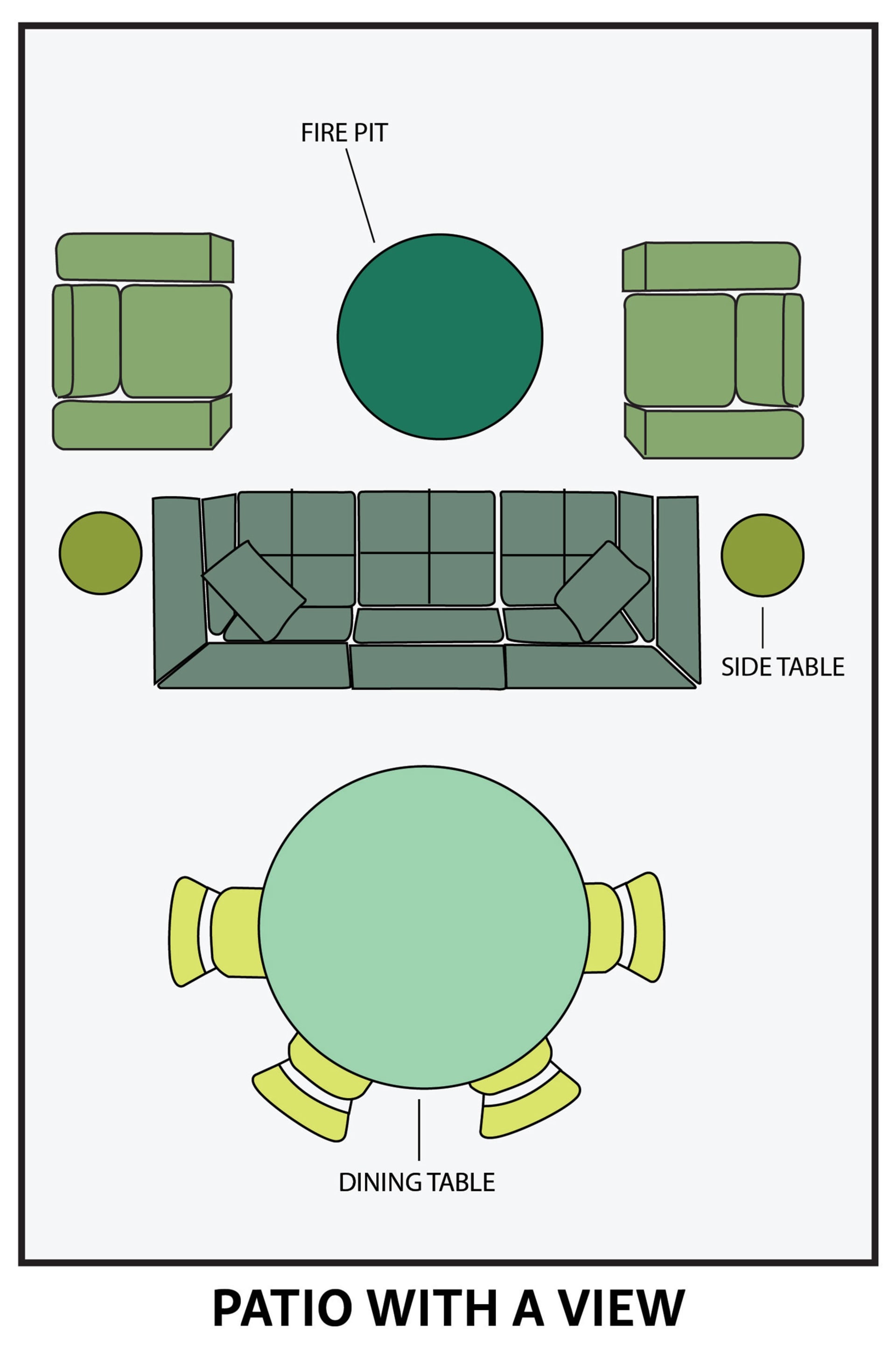 Patio with a view. Dining Table. Side Table. Fire Pit.
