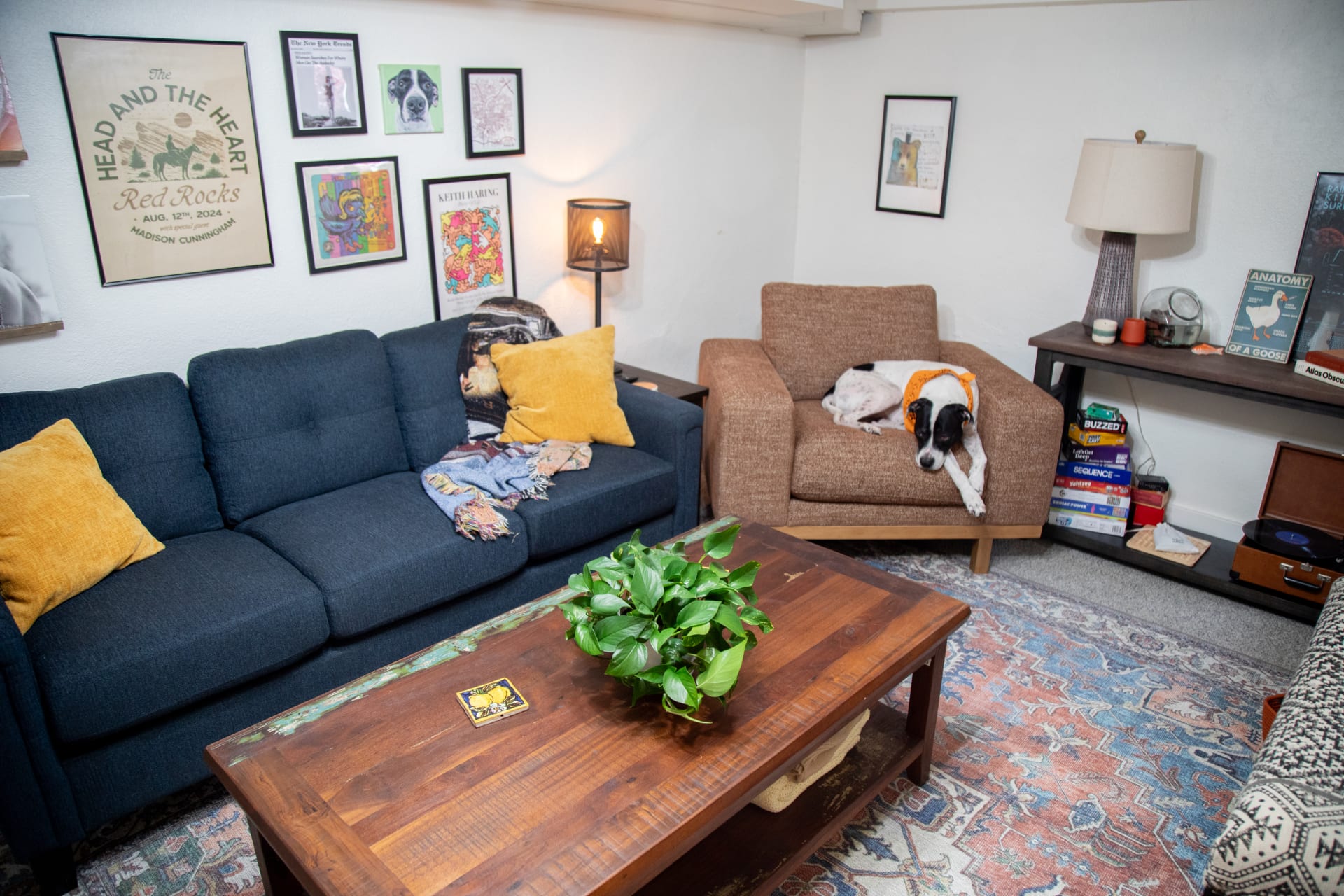 The Trinity Sofa and Laguna Chair styled in Mackinley's maximalist apartment living room