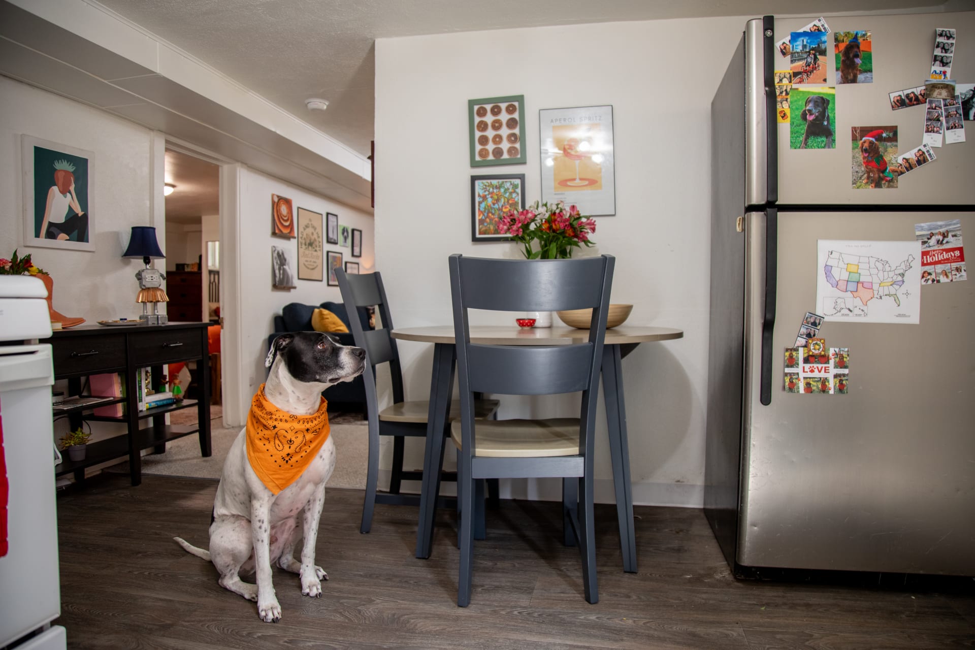The Merrill Creek 3 Pc. Round Dining Room Set styled in Mackinley's basement apartment kitchen