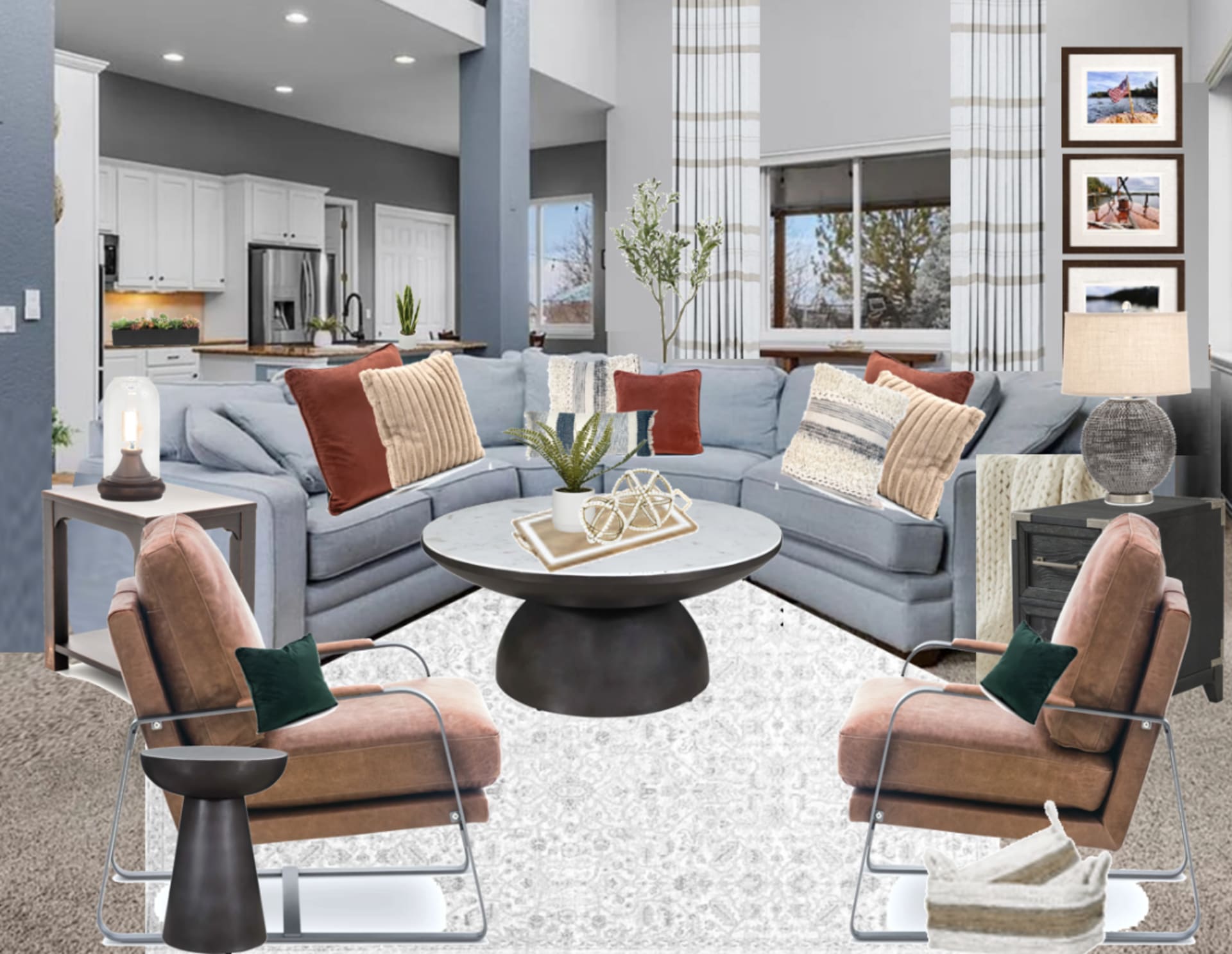A collage of living room products with gray and other colors