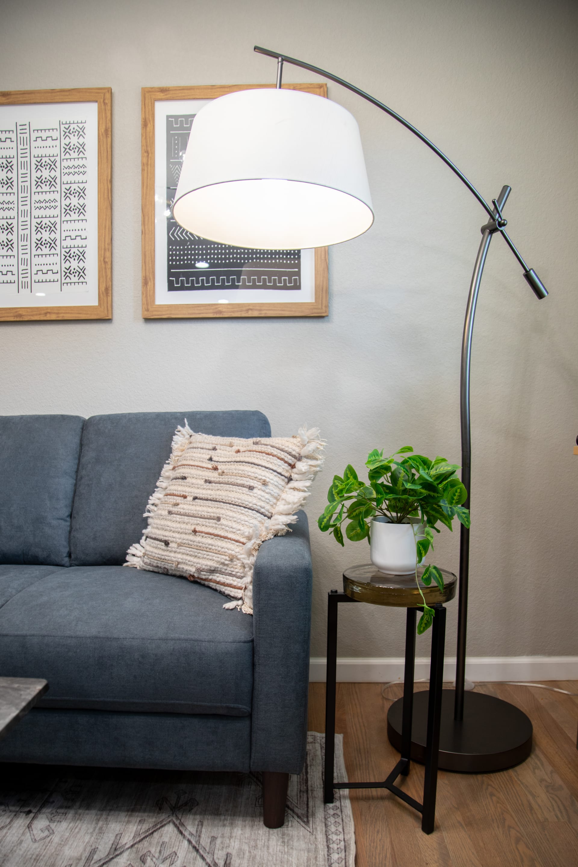 slate blue devon sofa styled in home
