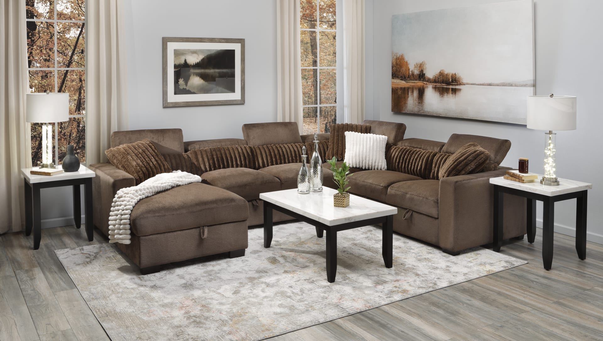 Roxy Sectional. Brown Velvet Sectional in Living room with Fall window scene