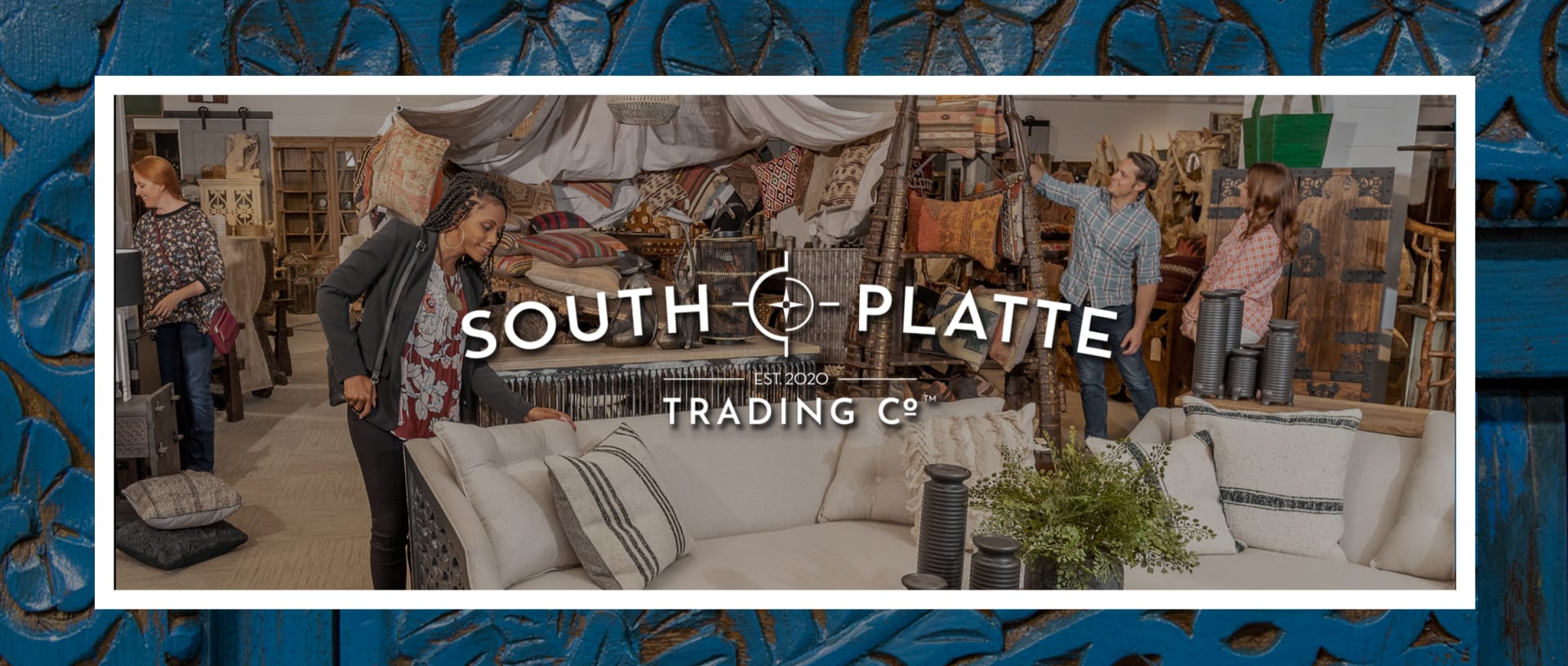 South Platte Trading Co. Logo with textured background and photo of customers in store.