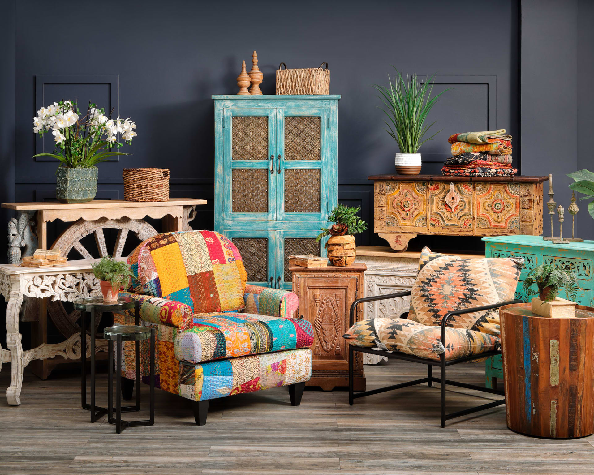 A collage of colorful Furniture Pieces made of materials from around the world