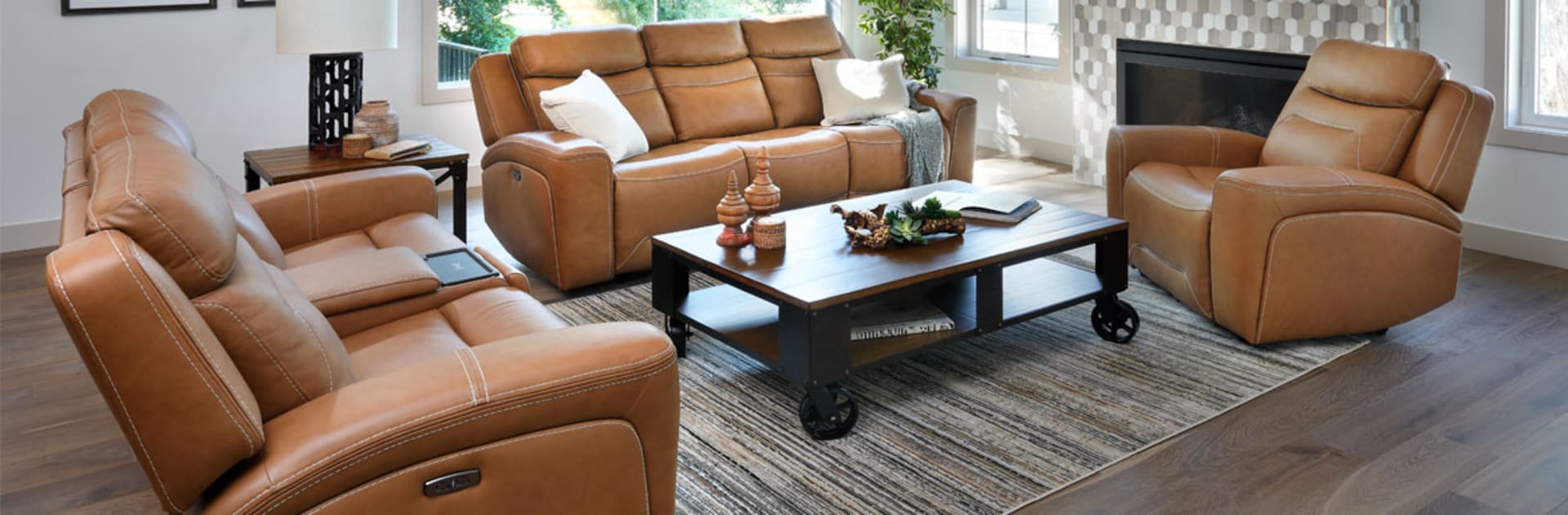 Camel Colored Leather Power Reclining Sofa Group with Beautiful white stitched seams.