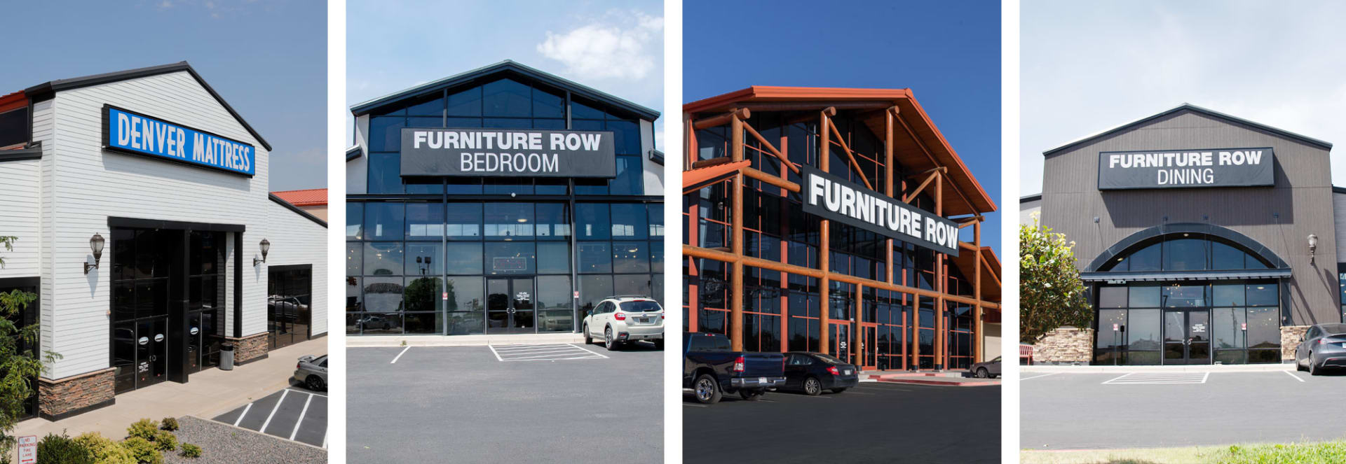 Furniture Row Dining, Bedroom, and Living Room superstore exteriors. Denver Mattress exterior.