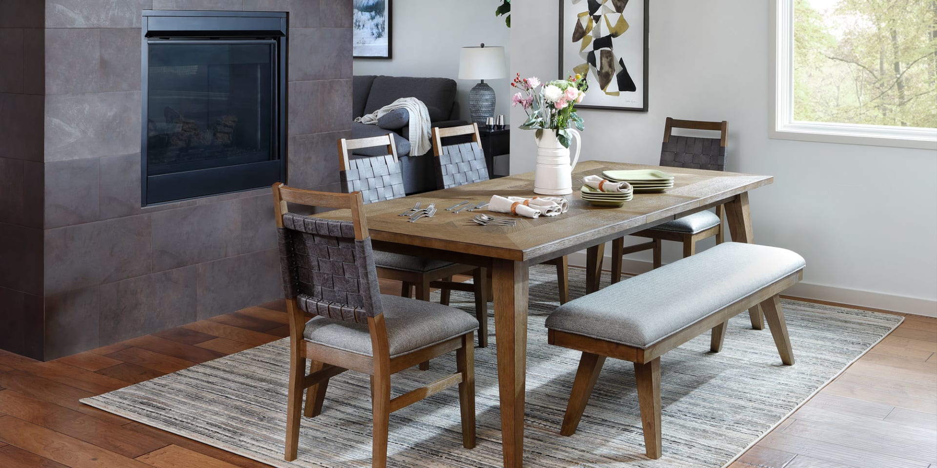 Midtoned Warm Brown Wooden Dining Set with Brown Leather Woven Chair Backs in Dining Room