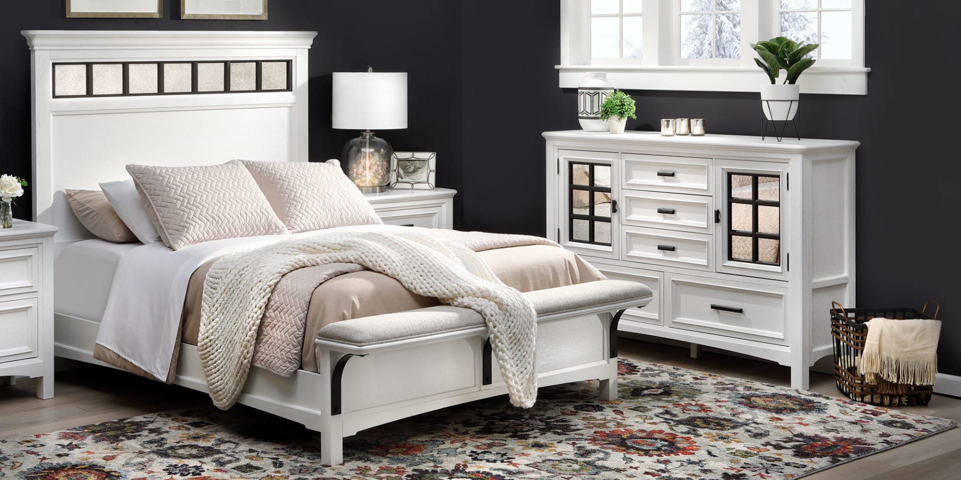 White Bedroom Set with Mirrored accents and a twinkle light lamp