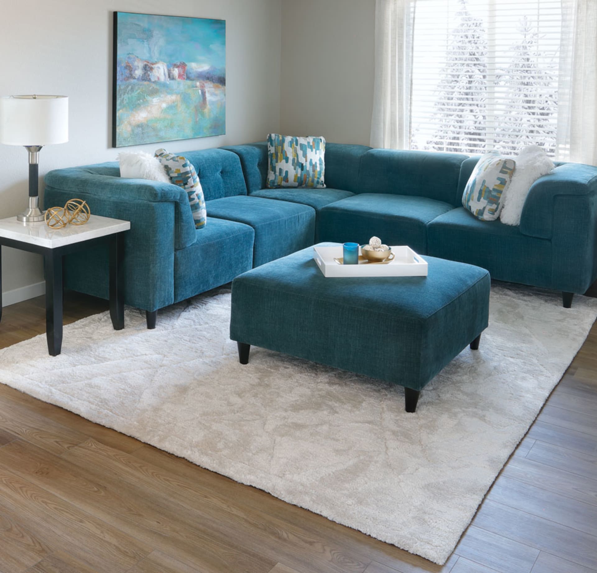 Teal Microvelvet Sectional in Living Room