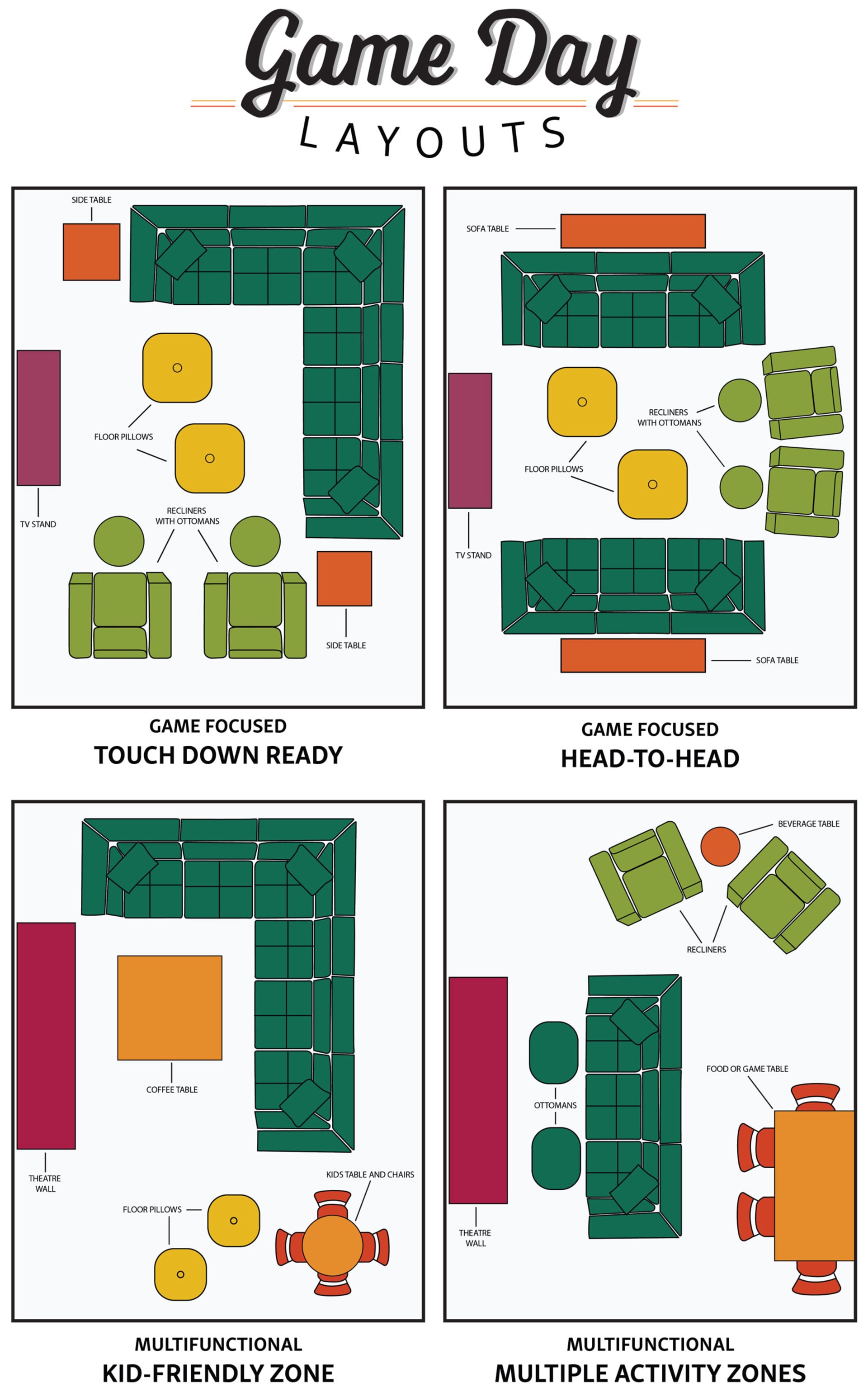 Game Day Layouts. Game Focused, Touchdown Ready. Game Focused, Head to Head. Multifunctional, Kid-Friendly Zone. Multifunctional, Multiple activity Zones.