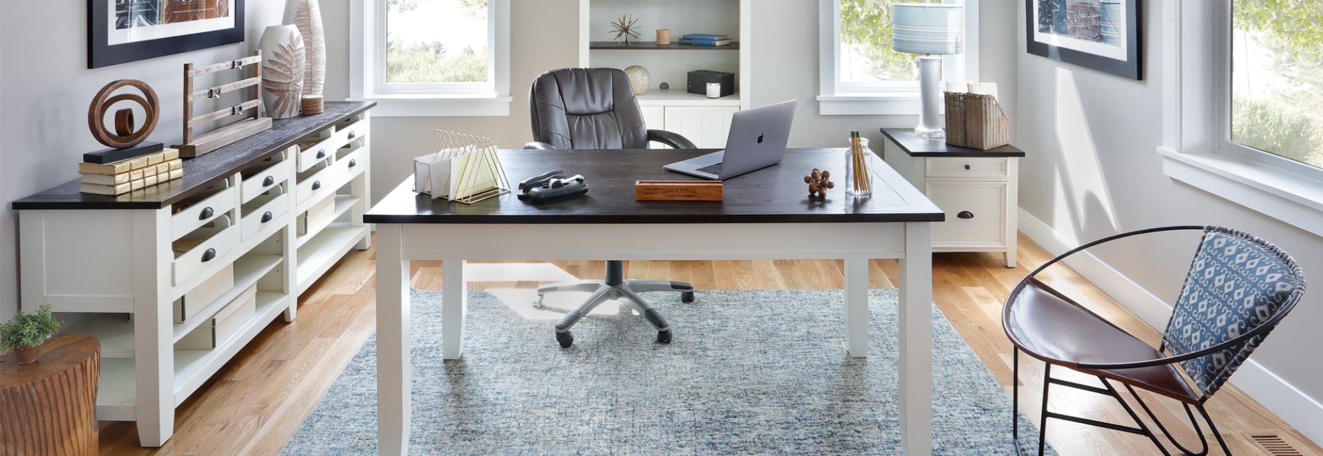 White Desk with Dark wooden Top in sunny office