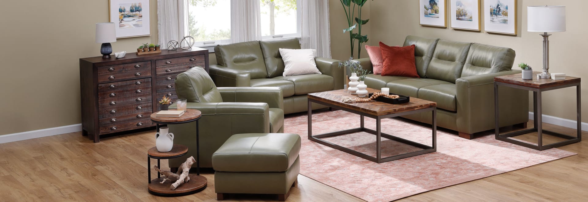 Sage Green Leather Sofa Set in Living Room